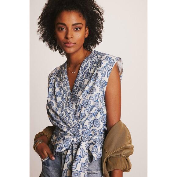 Anthropologie Sleeveless Tie-Waist Blouse in Blue Motif - Picture 1 of 11